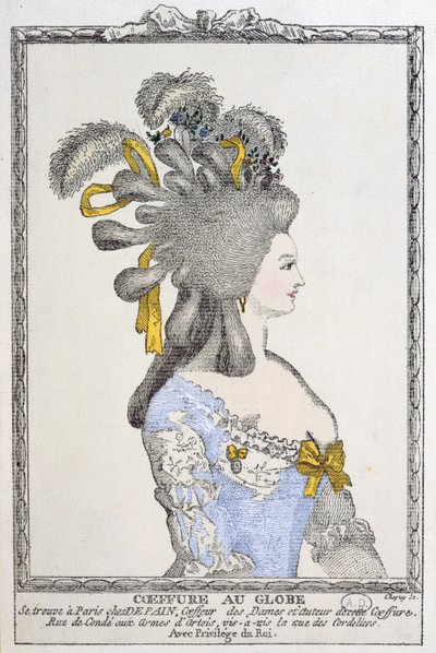 Coiffure au Globe, cca 1780 (barevná rytina) od Chapuy